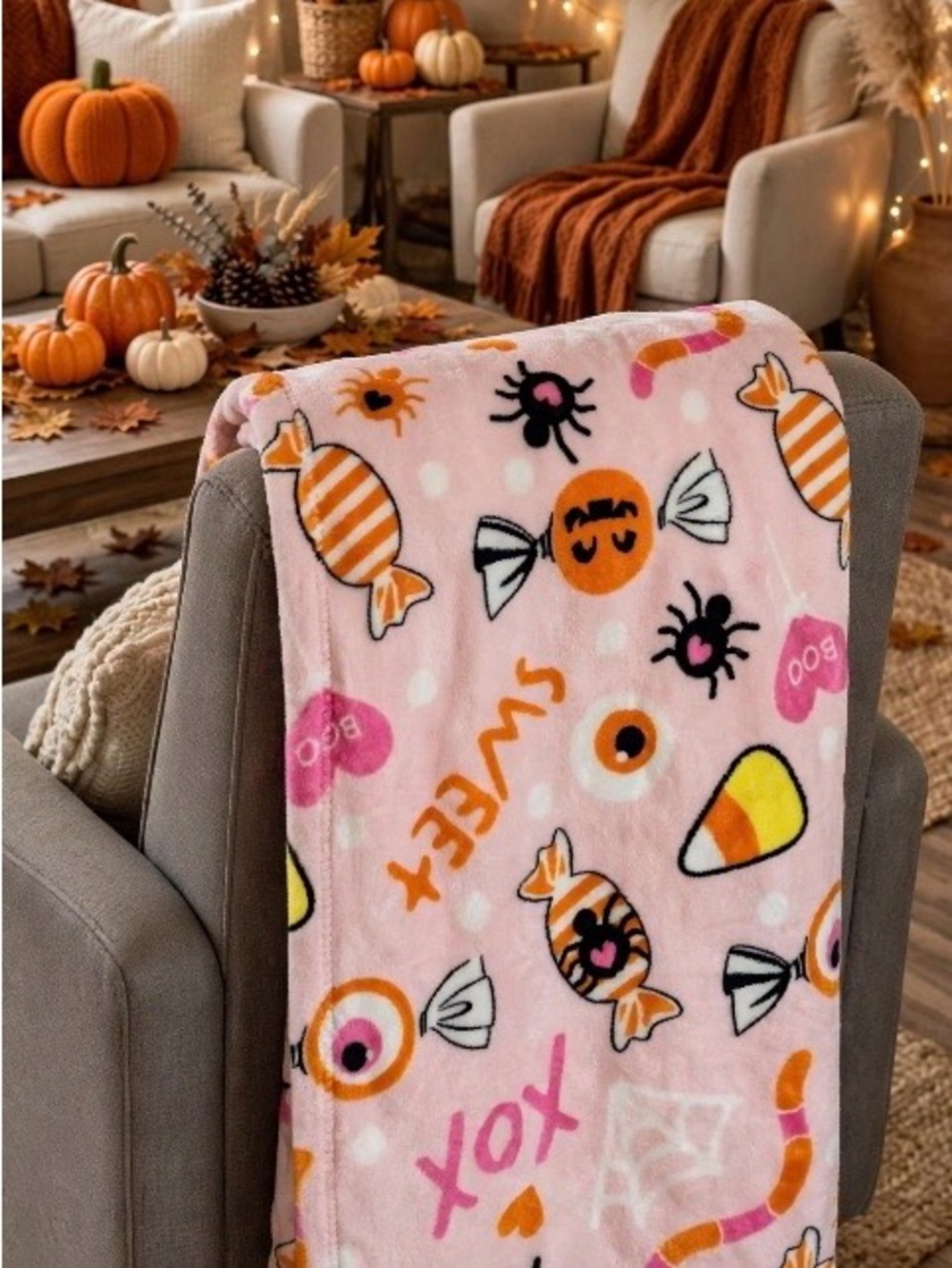 Cozy Pink Halloween Candy Throw Blanket 50” X 70” New